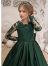 Green Lace Satin Long Sleeves Flower Girl Dress